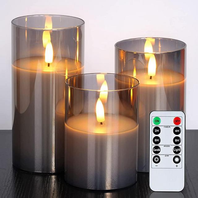 Amagic Glass LED Flameless Candles, Battery Candles, Pillar Candles Battery Operated with Remote Control and Timer, Electric Candles, Wax+Grey Glass, D3"H4"5"6", Set of 3