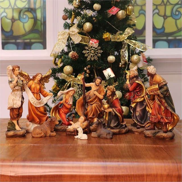 Zayton Nativity Set Christmas Indoor Scene Figurines 11 Piece 8 inch Jesus Manger Crib Ornament Church Statue Xmas Gift Home Decoration