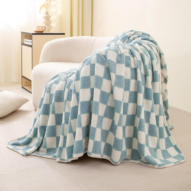 TrellisJoy 380GSM Fleece Checkered Throw Blanket, Cozy Bed Couch Blankets, All Season Blanket Throw, Mist Blue 50" x 60"