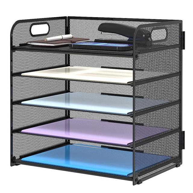 Supeasy 5 Trays Paper Organizer with Handle - Mesh Desk File / Letter Organizer,Black Paper Sorter for Office,Home or School