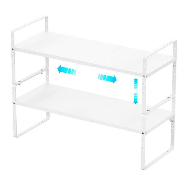 Redrubbit Expandable Cabinet Shelf Organizers, Stackable Kitchen Counter Shelves Spice Rack for Kitchen Bathroom Pantry Cupboard Desk Home Office, Metal Plate Heavy Duty Nonslip White, Set of 2