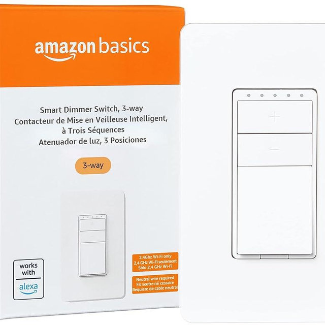 Amazon Basics Smart Dimmer Switch, 3-Way, Works with Alexa Only, 2.4 GHz Wi-Fi, No Hub Required, White