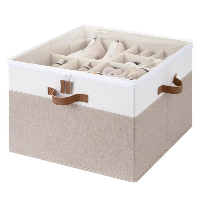 StorageWorks Shoe Organizer for Closet, Fits up to 16 Pairs, Shoe Cubby Storage Containers with Adjustable Dividers and Clear Cover, Brown & White