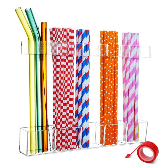 Enjunway Large Upgrade Acrylic Straw Holder,Straw Rack with Double Sided Tape Organizer,Reusable Straws for Counter Cabinet Cupboard Kitchen (Clear) (1 Pack)