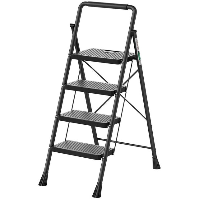 4 Step Ladder, RIKADE Folding Step Stool, Step Stool with Wide Anti-Slip Pedal, Lightweight, Portable Folding Step Ladder with Handgrip, Multi-use Steel Ladder for Household and Office Black