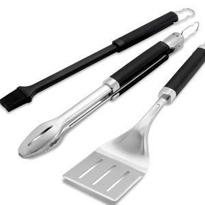 Weber Precision 3‑Piece Grilling Tool Set – Stainless Steel Tongs, Spatula & Silicone Basting Brush with Non‑Slip Handles and Hands‑Free Locking