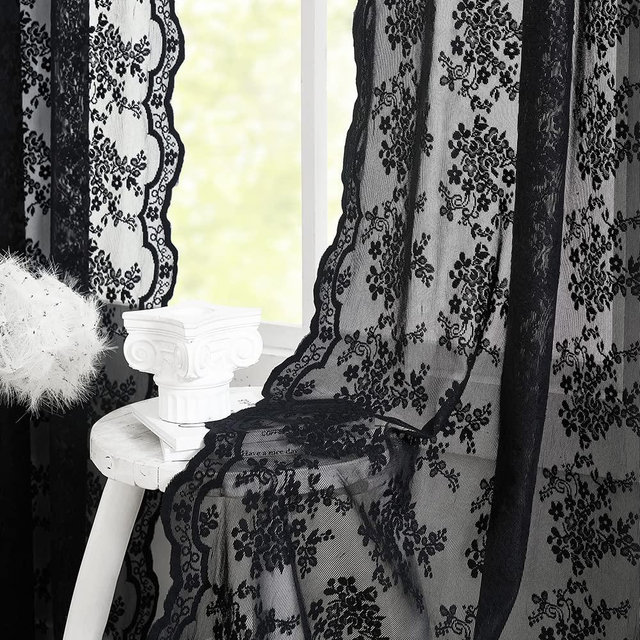 YJ YANJUN Black Sheer Curtains 84 inches Long Old Fashion Goth Curtains for Living Room Victorian Black Lace Window Curtains for Halloween Rod Pocket 52 x 84 Inch Black