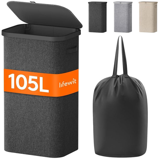 Lifewit 105L Laundry Basket with Lid, Large Laundry Hamper with Plastic Handles and Removable Bag, Foldable Tall Dirty Clothes Hampers for Laundry for Laundry Room, Bedroom, Bathroom, Dorm, Dark Gray
