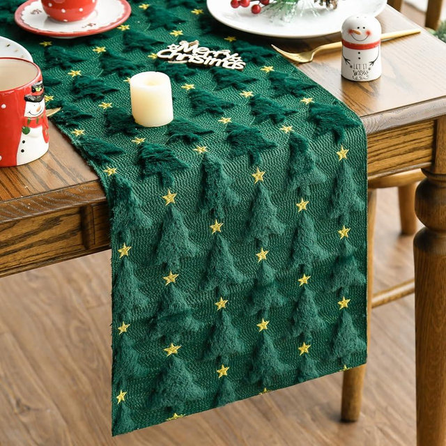 Artoid Mode Christmas Trees Stars Green Soft Plush Faux Fur Jacquard Christmas Table Runner, Holiday Dining Table Decoration for Home Party Decor 13x108 Inch