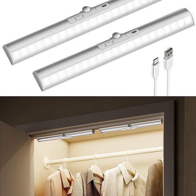EZVALO 13inch Motion Sensor Closet Lights, 2 Pack Rechargeable LED Lights with Rotatable Sensor, Glare-Free, 3 Color Temps & Dimmable, Magnetic Cabinet Lighting for Closet, Pantry, Stairs