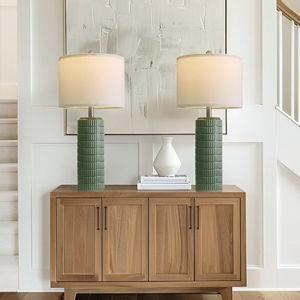 PoKat 27.5" Dark Green Ceramic Table Lamps for Living Room, Farmhouse Table Lamps Set of 2 for Bedroom Night Stands, Modern Bedside Lamps for End Side Table, Vintage Nightstand Decor Lamps Home Office