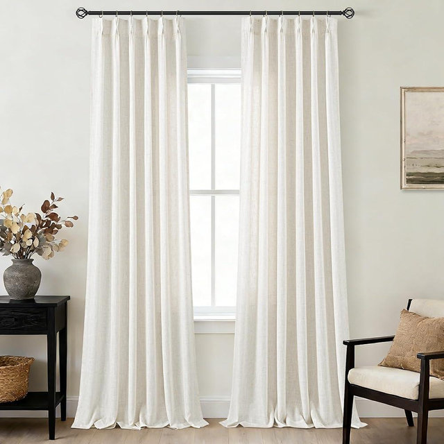 Triple Pinch Pleated 94 inch Long Linen Curtains 2 Panels Set for Living Room Track System Curtains Neutral Modern Farmhouse Light Filtering Semi Sheer Linen Blend Pinch Pleat Drapes 94 Length Cream