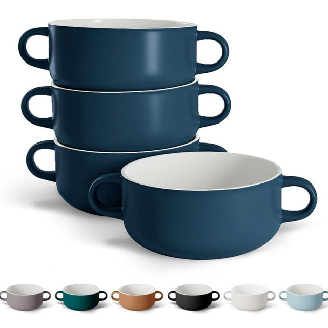 Kook Soup Crocks, Ceramic Bowls, Broil, Oven, Microwave and Dishwasher Safe, with Handles, For Casserole, Pasta, Cereal, 18 oz, Set of 4 (Navy)