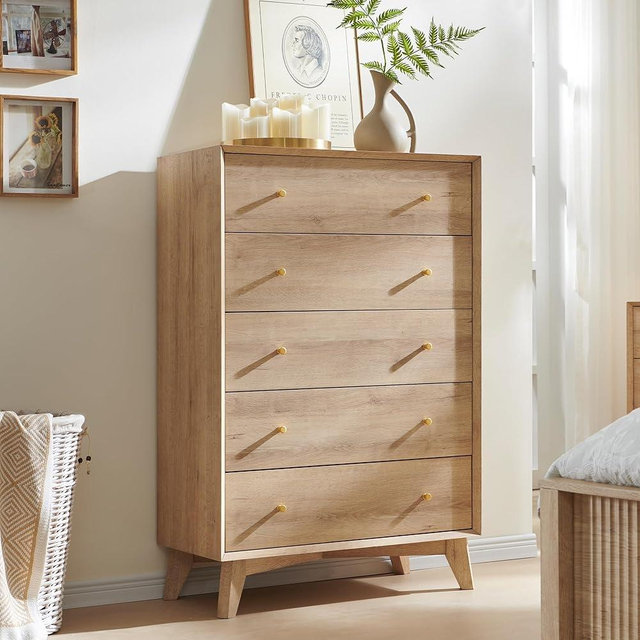 T4TREAM 5 Drawer Dresser for Bedroom, 48" Tall Mid-Century Modern Chest of Drawers, Beveled Profile Design, Wood Drawer Organizer for Bedroom, Living Room, Hallway and Entryway, Natural Oak
