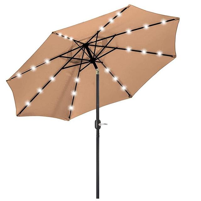 9FT Solar 24 LED Lighted Outdoor Patio Umbrella with 8 Ribs/Tilt Adjustment and Crank Lift System (Light Tan)