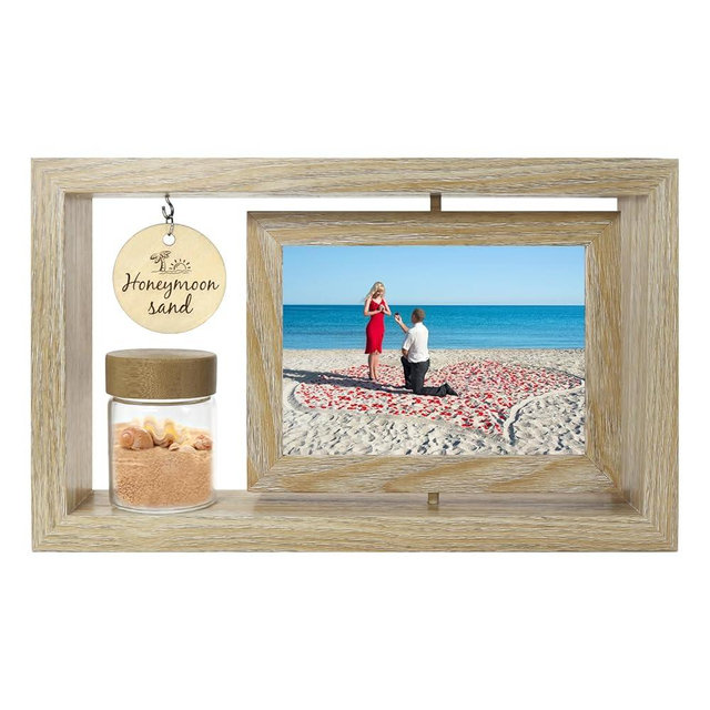 Liannan Customizable Honeymoon Sand Photo Frame – Holds Two 4x6 Inch Pictures with Glass Keepsake Jar for Beach Sand and Seashells – Romantic Wedding Gift, Anniversary Memory Keepsake (wood2)