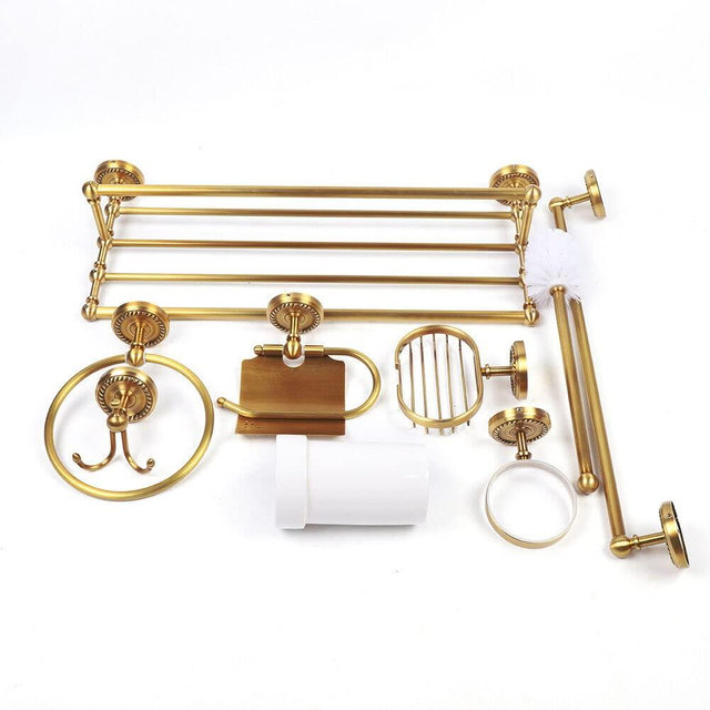 BFDIEEM Bathroom Simple Vintage Gold Hand-Drawing Craft Copper Storage Rack 7-Piece Set, Heavy Duty DIY Style Wall Mounted Rustic Decor Accessories Kit