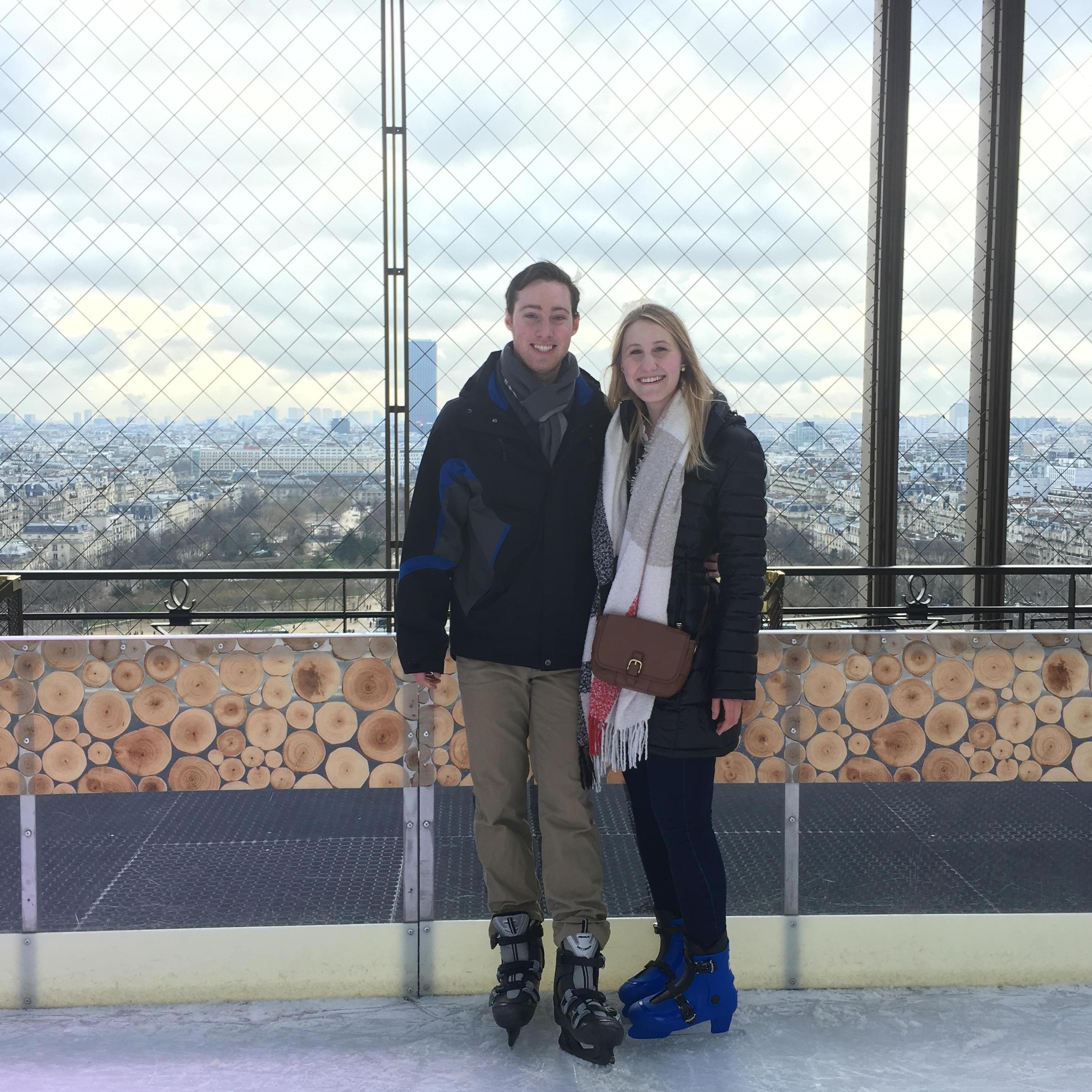 Ice skating on top of the Eiffel Tower after Chris told Maddie he loved her for the first time!