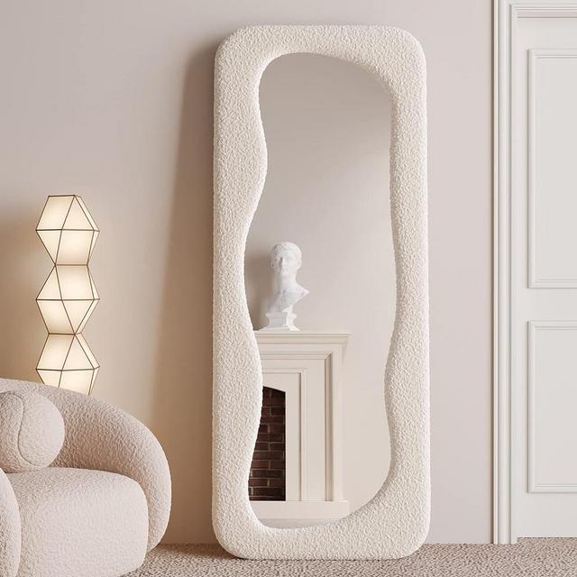 BOJOY Full Length Mirror 63"x24", Irregular Wavy Mirror, Wave Arched Floor Mirror, Wall Mirror Standing Hanging or Leaning Against Wall for Bedroom, Flannel Wrapped Wooden Frame Mirror-White