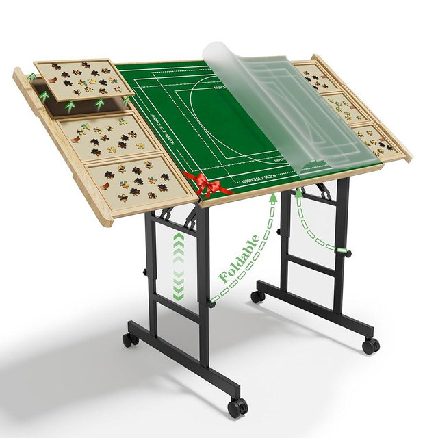 CODACE Puzzle Table with Drawers - 1500 Pieces Folding Puzzle Tables for Adults, Tilting Jigsaw Puzzles Board with Sorting Trays, Table with Adjustable Height Legs and Wheels，Present for Puzzles Lover