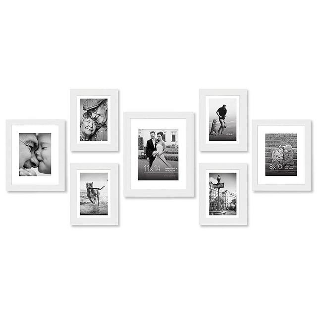 Americanflat 7 Piece White Gallery Wall Picture Frame Set with Mats in 11x14, 8x10, and 5x7 - Composite Wood with Shatter Resistant Glass - Horizontal and Vertical Formats for Wall and Tabletop