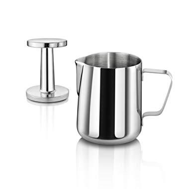 New Star Foodservice 28829 Commercial Grade Stainless Steel 18/8 12 oz Frothing Pitcher and Die Cast Aluminum Tamper Combo Set, Silver