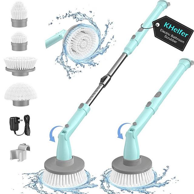 kHelfer Electric Spin Scrubber, KH8B 2023 New Cordless Shower Scrubber with 4 Replacement Head, 1.5H Bathroom Scrubber Dual Speed, Shower Cleaning Brush with Extension Arm for Bathtub Grout Tile Floor