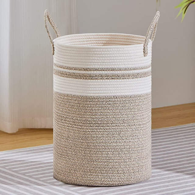 VIPOSCO Large Laundry Hamper, Tall Woven Rope Storage Basket for Blanket, Toys, Dirty Clothes in Living Room, Bathroom, Bedroom - 72L Brown & White