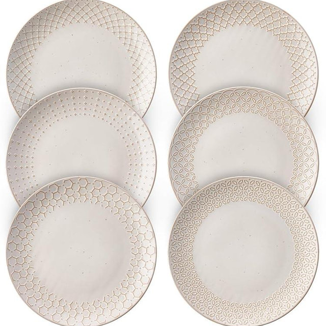 DOWAN Dinner Plate Set of 6, 10.5-inch Ceramic Plates Set, Relief and Glazed with Specks Serving Dishes, Large Plates for Steak, Pasta, Microwave Safe, Housewarming and Wedding Gift