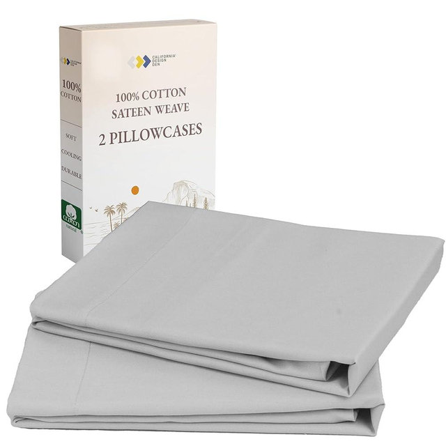 California Design Den 100% Cotton King Size Pillow Cases, Soft Sateen Weave Pillowcase Set (King, Light Grey)
