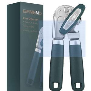 Beneno Heavy Duty Hand Can Opener Manual with Magnet, Durable Sharp Carbon Steel Blade Smooth Cutting, Big Effort-Saving Knob & Soft Grip Handle, Multifunctional Kitchen Tool with Bottle Opener, Green