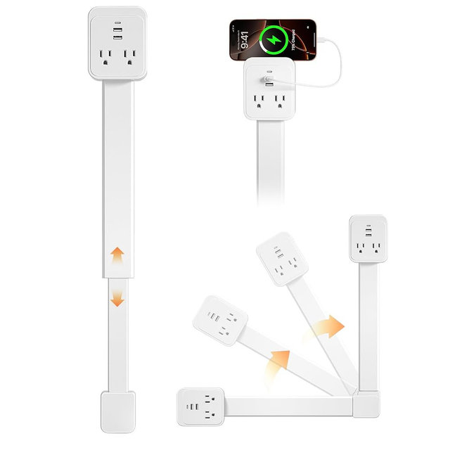 Electrical Outlet Extender Stick, 5-in-1 Multi Plug Extension Cord with 3 USB Ports (2 USB-A, 1 USB-C) and 2 AC, Extends 17"-25", Rotates 180°, Use Behind Sofa, Bed, Nightstands, and Desks (White)