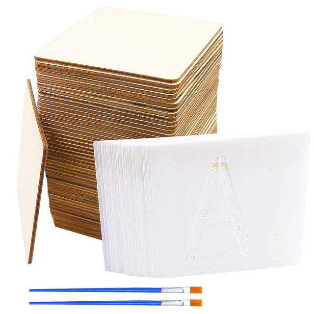SKPPC 50 Unfinished Blank Wood Pieces 4 Inch With 26 Letters Stencils for Wall Decor Home Decoration DIY Craft Projects