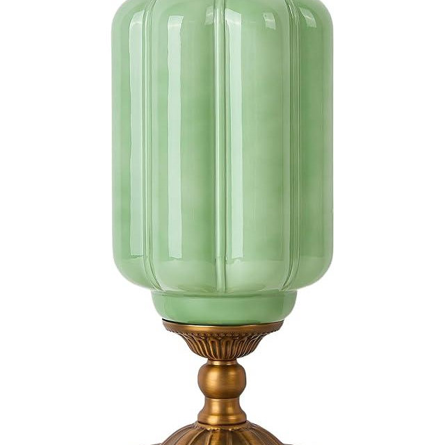 Glazart Luxa Vintage Green Milk Glass Table Lamp, Mid Century Modern Lamps Dimmable, Elegant Scalloped Art Deco Bedside Lamp for Bedroom, Entryway, Living Room, Office Desk, Antique Brass