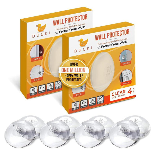 Ducki Door Stop Wall Protector | Self Adhesive Door Knob Wall Protectors from Door Knobs | Rubber Door Stoppers for Wall Damage & Noise | Durable, Shock Absorbent & Discreet | 8 Pack Clear Door Stops