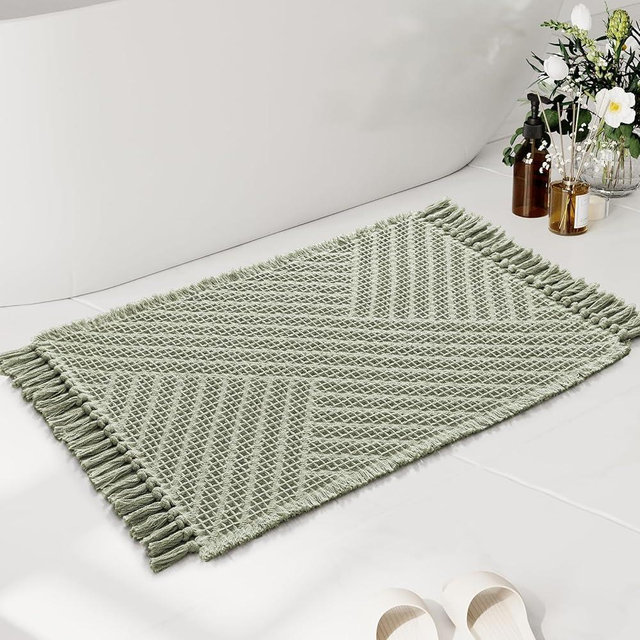 H.VERSAILTEX Waffle Bath Mat Super Absorbent Boho Bath Mat Non Slip Bath Rugs for Bathroom Floor Machine Washable Dry Fast Bathroom Rugs with Tassels, 20" x 32", Sage