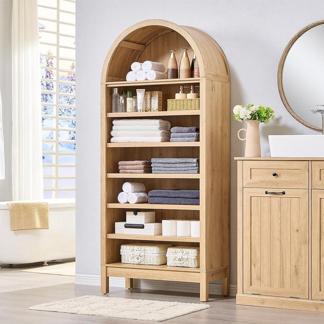 IFBUY 71" Tall Arched Bathroom Storage Cabinet, 7-Tier Modern Farmhouse Storage Cabinet with Adjustable Shelves, Wood Freestanding Cabinet for Bathroom, Living Room, Entryway, Hallway (Natural)