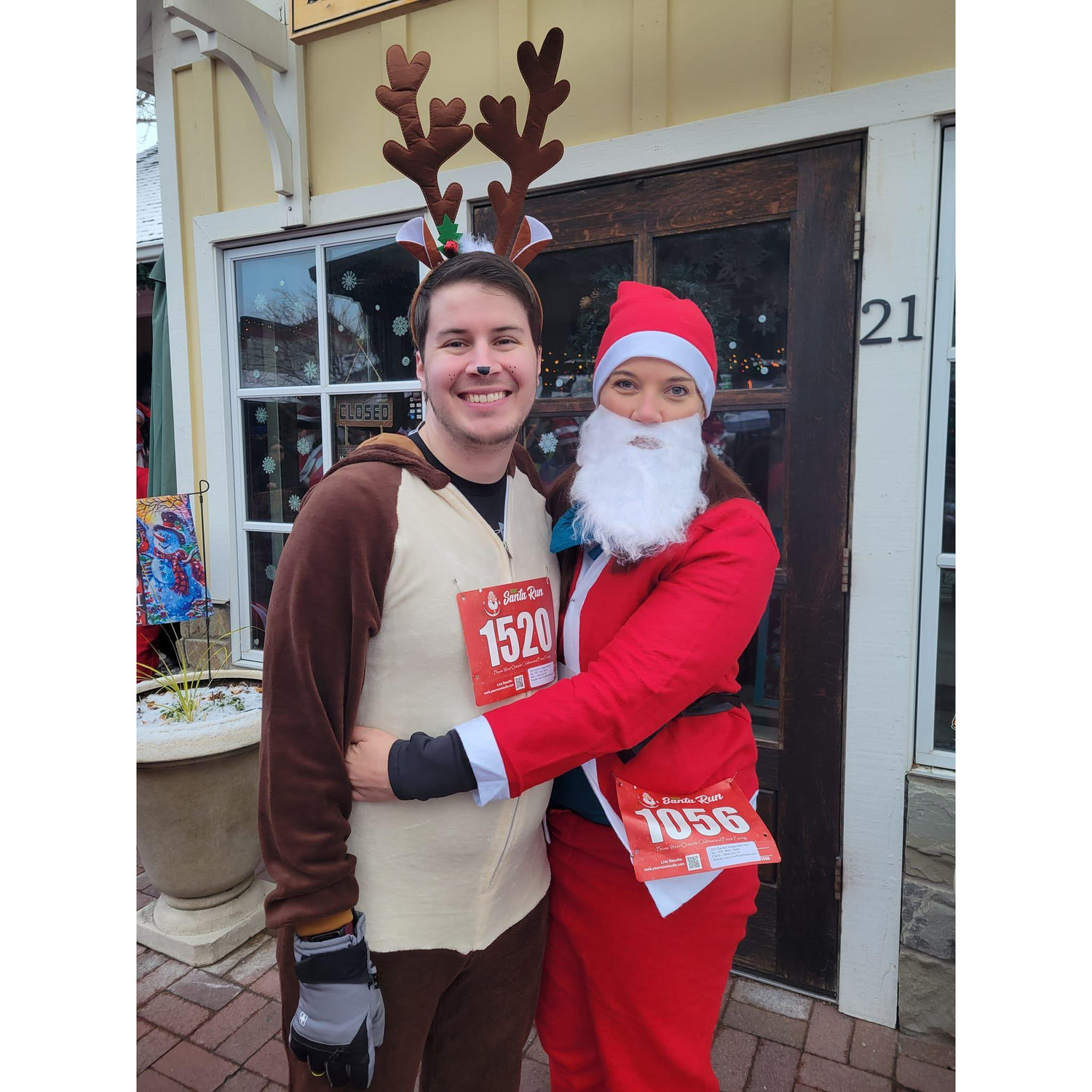 Steven's first race! Now he's hooked! Santa and her reindeer. Steven was the only reindeer in a sea of santas.
