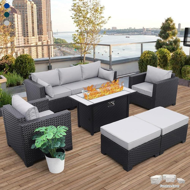 Patio Furniture Set 45" Outdoor Fire Pits 6 Pieces Outdoor Patio Furniture 60000 BTU Outdoor Propane Fire Pit Table Patio Sofa Outdoor Chairs Anti-Slip Cushions Waterproof Covers, Light Grey