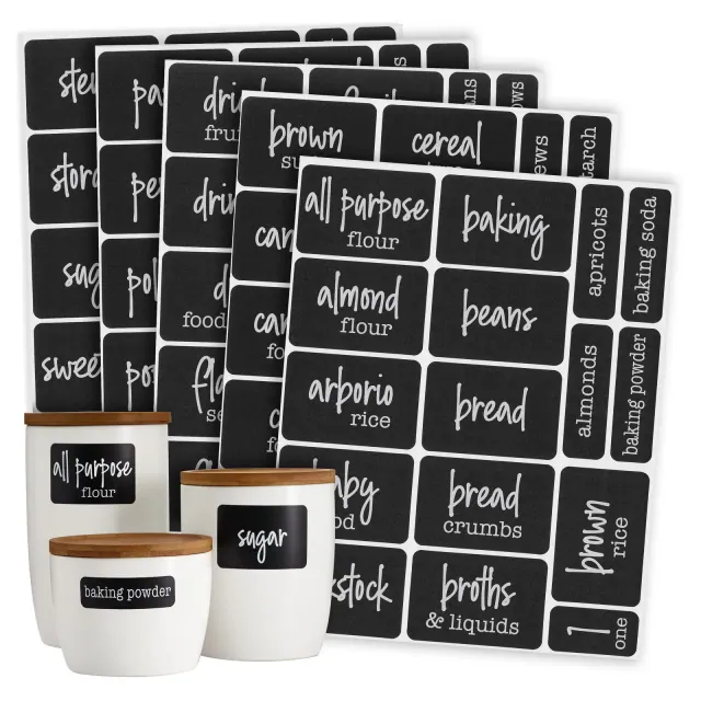 Talented Kitchen 128 Chalkboard Pantry Labels for Food Containers, Preprinted White Script on Black Stickers for Kitchen Organization