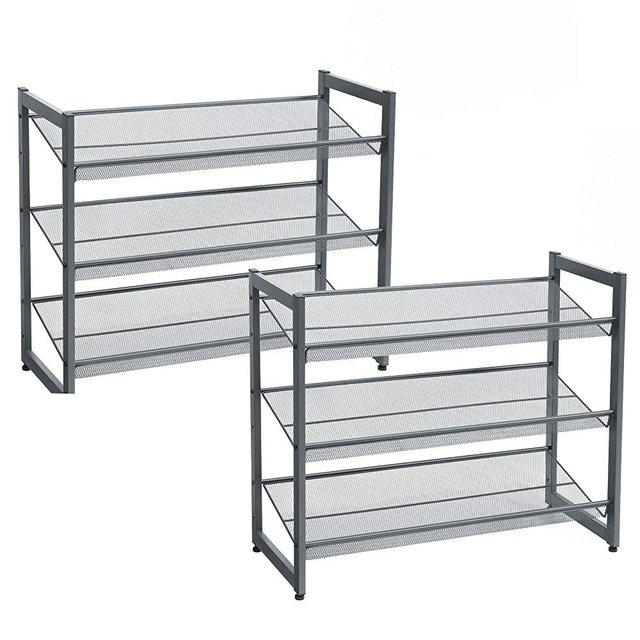 SONGMICS 6-Tier Shoe Rack Storage, 3-Tier Shoe Racks for Closet, Set of 2, Metal Mesh, Flat or Angled Stackable Shoe Shelf Stand for 18 to 24 Pairs of Shoes, Cool Gray ULMR003G02
