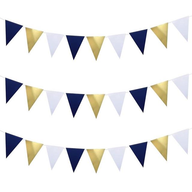 Guzon 30 Feet Navy Blue Gold White Party Decorations,Hanging Glitter Paper Triangle Flag Pennant Banner for Bachelorette Engagement Wedding Party Supplies Baby Shower Decorations