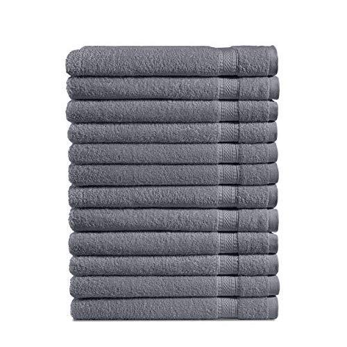 100% Cotton 12-Piece Hand Towel Set - 16 X 28 Inch - Classic Amercian Construction, Soft, Highly Absorbent, Machine Washable (Dark Grey)