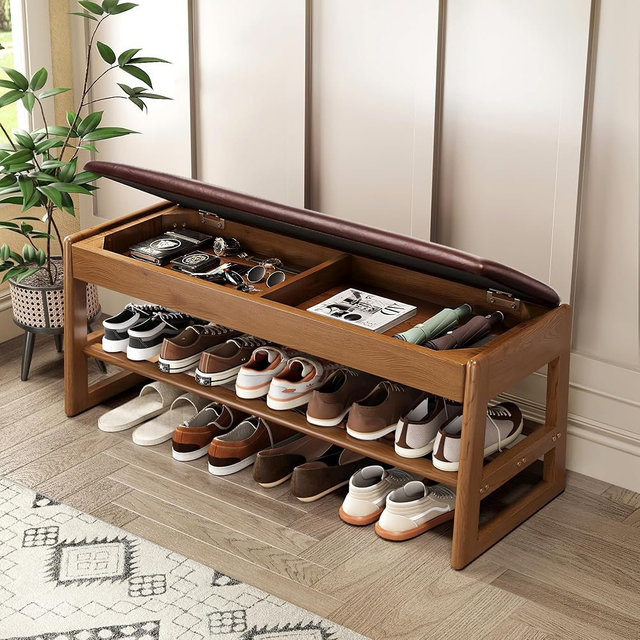Shoe Rack Bench with Hidden Storage, 2-Tier Solid Rubberwood Entryway Bench with Soft Leather Cushioned Seat & Flip-Top Storage, 330lbs Capacity, Wooden Shoe Organizer for Hallway, Closet, Foyer