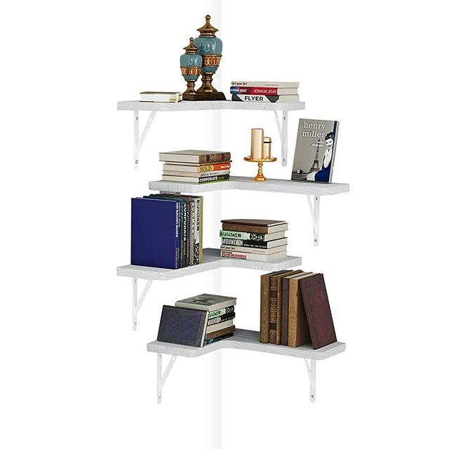 Corner Floating Shelves Solid Wood Wall Shelf for Bedroom Living Room Kitchen Wall Mounted Storage Decor Rustic White Set of 4