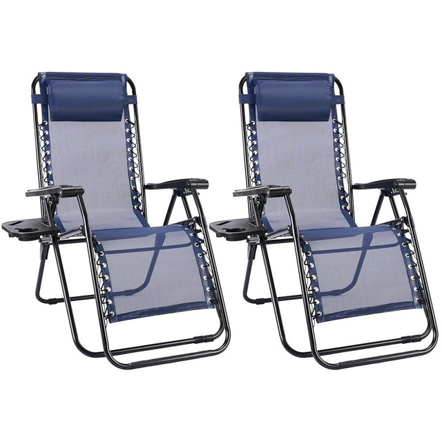 Sweetcrispy Zero Gravity Chairs Set of 2, Outdoor Folding Reclining Lounge Chair with Cup Holder Tray & Adjustable Pillow, Portable Camping Beach Patio Poolside Lawn Yard Chair, Classic Blue
