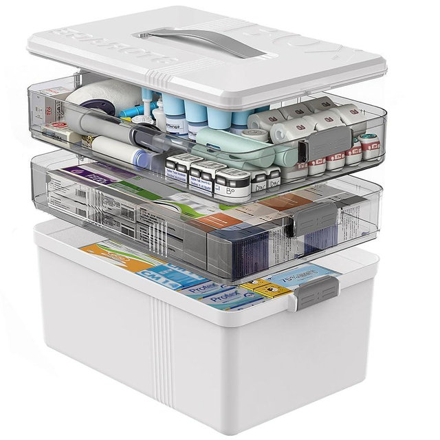 Gifhomfix 3 Tier Medicine Cabinet Organizer Large Capacity Medicine Organizer, Portable Medicine Box with Handle, Multipurpose Medical Box with Removable Tray, First Aid Boxes Empty, White