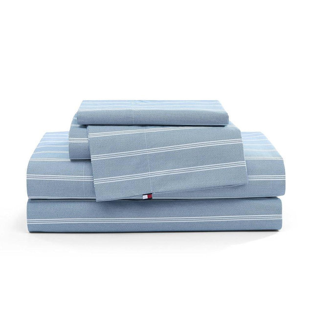 Tommy Hilfiger - Queen Bed Sheets, Crisp & Cool Cotton Percale Bedding with Matching Pillowcases, Lightweight Bed Set, Oeko-Tex Certified (Effortless Stripe Blue)
