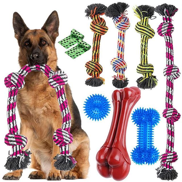 Zeaxuie Heavy Duty Dog Chew Toys for Aggressive Chewers - 9 Pack Value Set Includes Indestructible Rope Toys & Squeaky Toys for Large Breeds