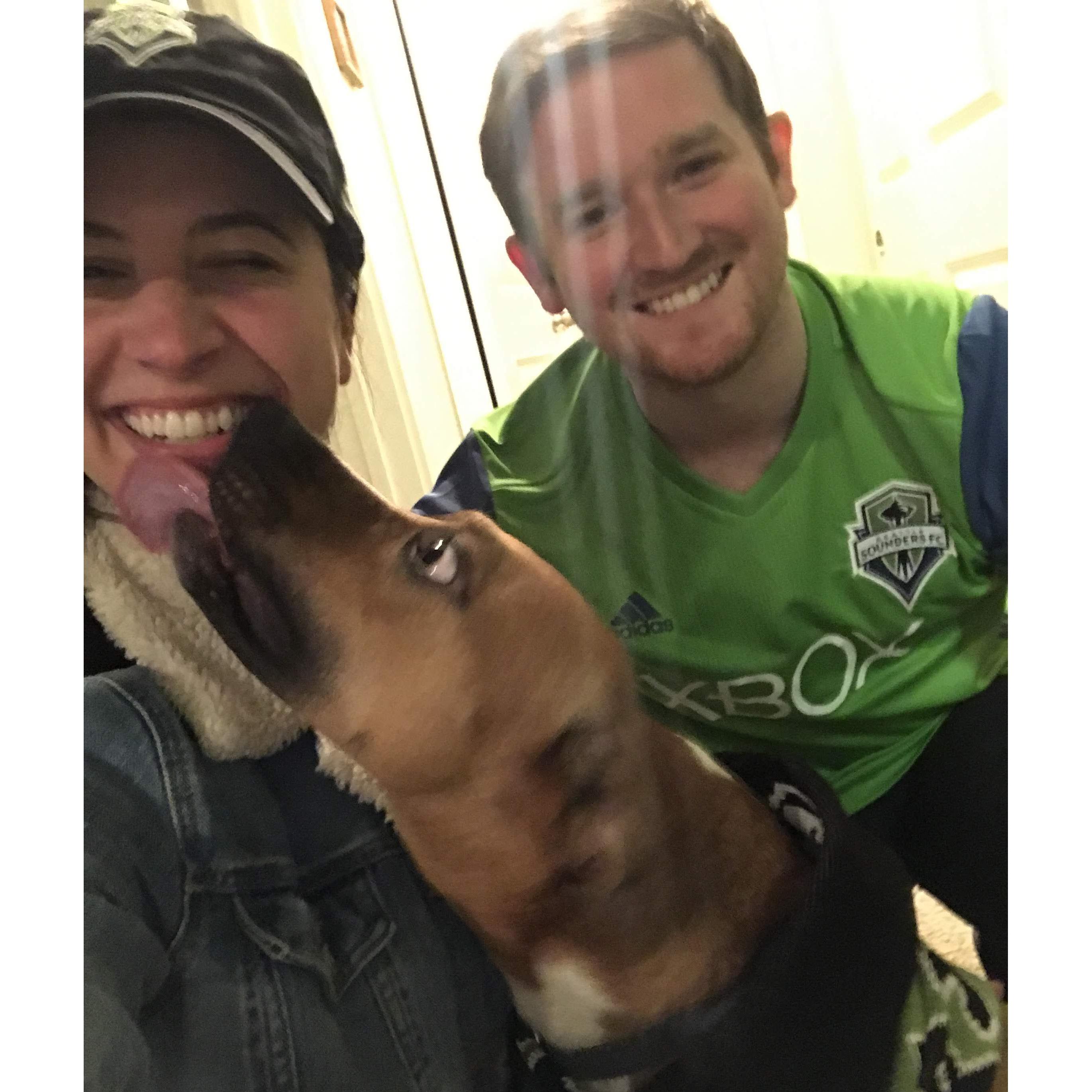 Getting ready to leave for a Seattle Sounders game. But first, Ethel kisses!!